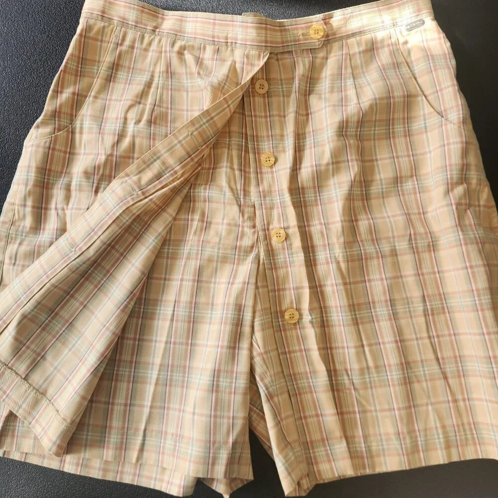 LIZ CLAIBORNE Liz Golf Skort Skirt Size 14 Yellow Beige Green Plaid EUC‎